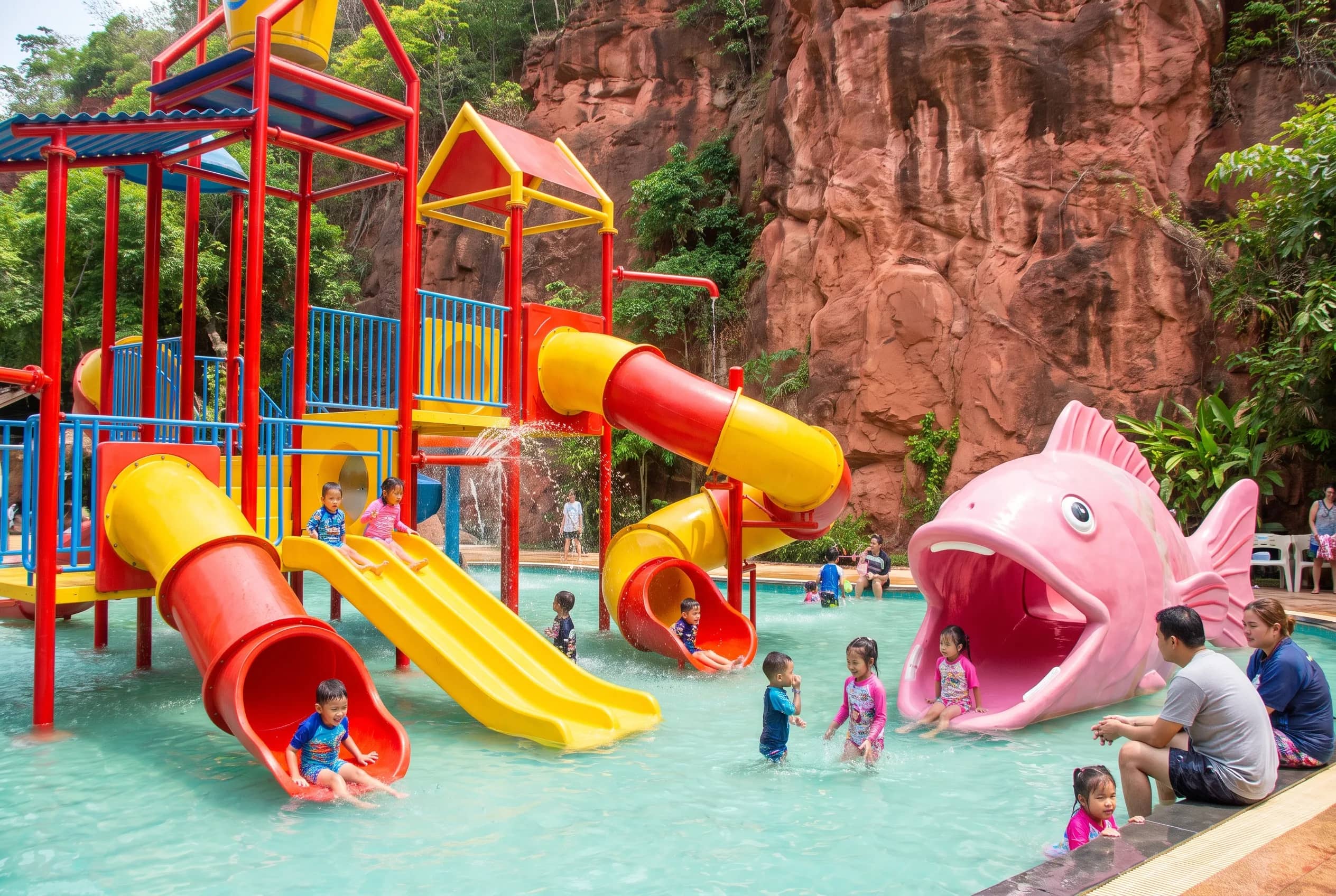 Children slide into a shallow blue pool from a colourful play tower with red and yellow slides