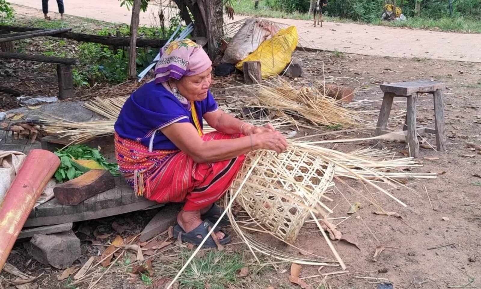 A woman in traditional dress and headscarf weaves a bamboo basket outside her village home.