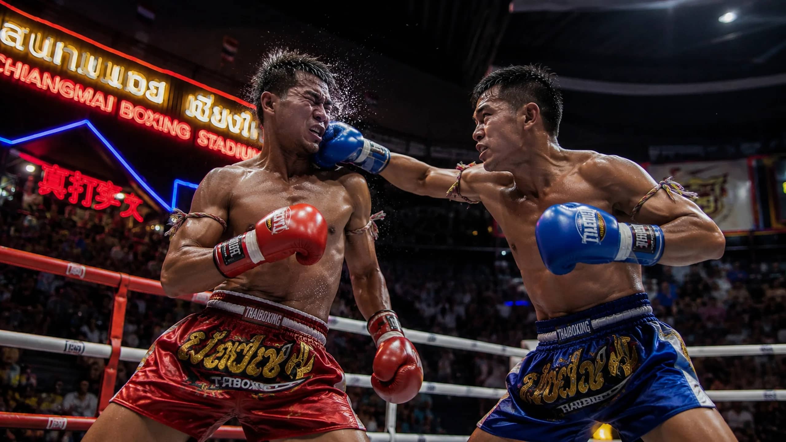 A fighter in blue lands a punch to his opponent's face with sweat flying in the ring