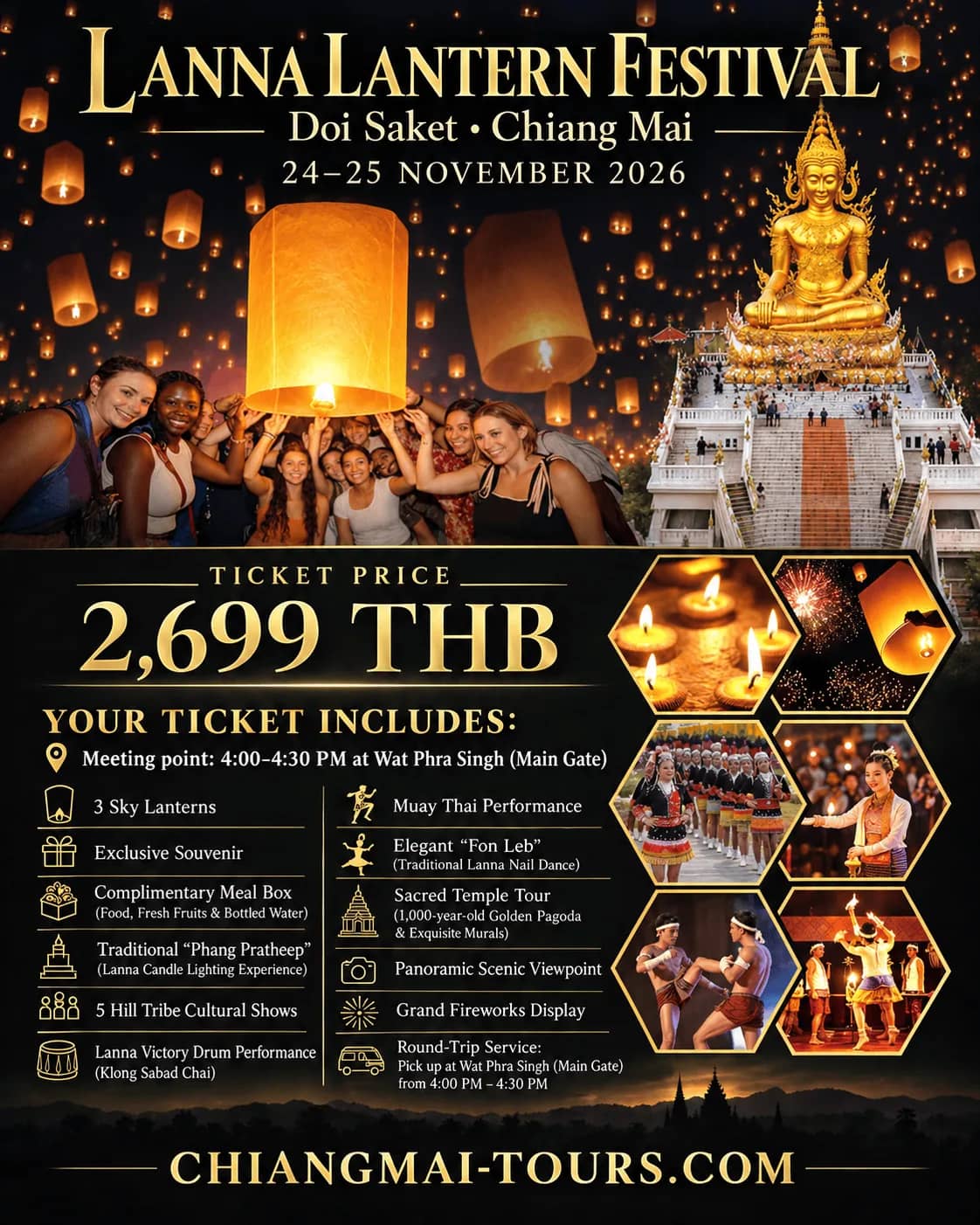 Poster listing what the Lanna Lantern Festival ticket in Doi Saket includes, with event photos