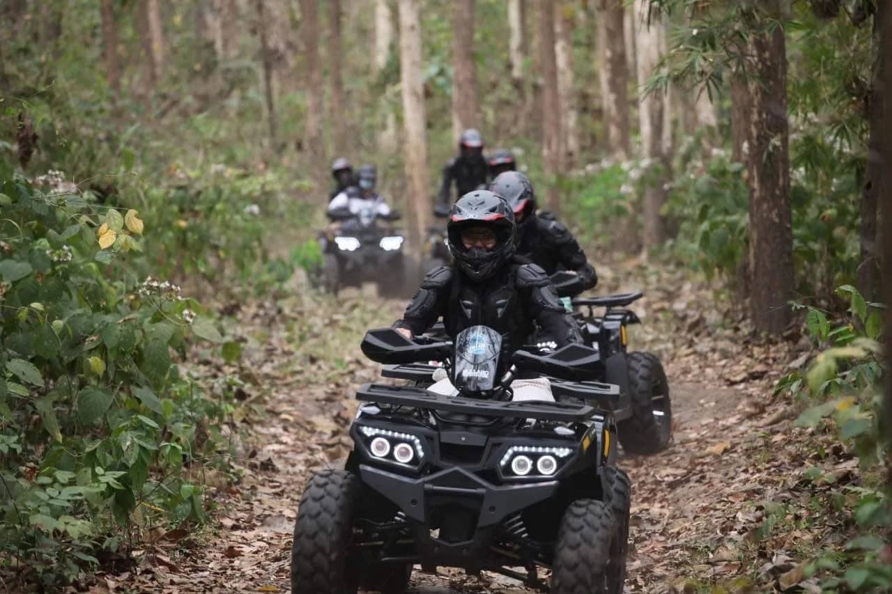 A line of ATV riders in helmets drives along a leafy dirt trail through tall trees
