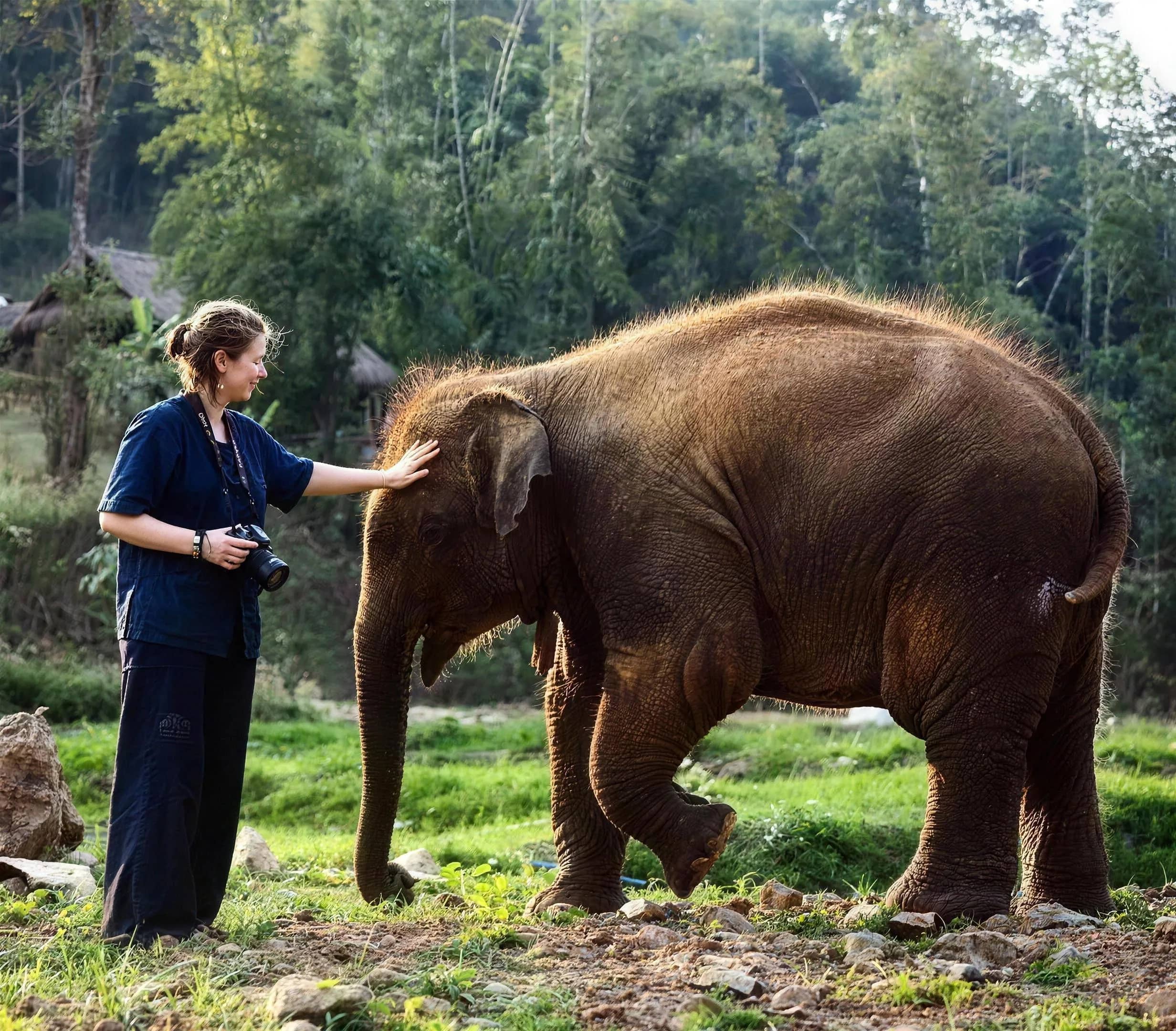 A visitor in a blue shirt places her hand on a young elephant standing on the grass