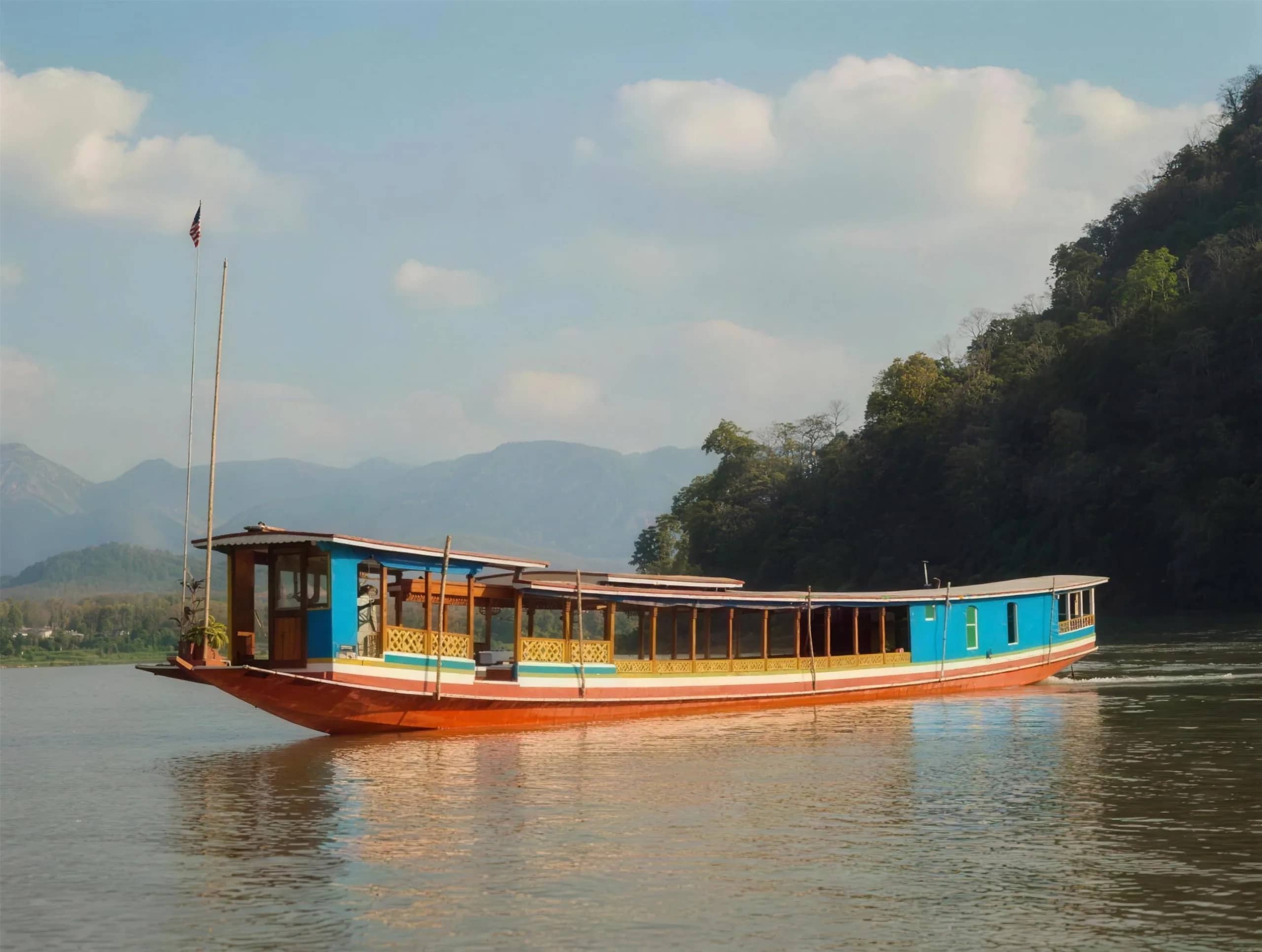 A long wooden slow boat cruises the Mekong River below forested hills on the way to Luang Prabang
