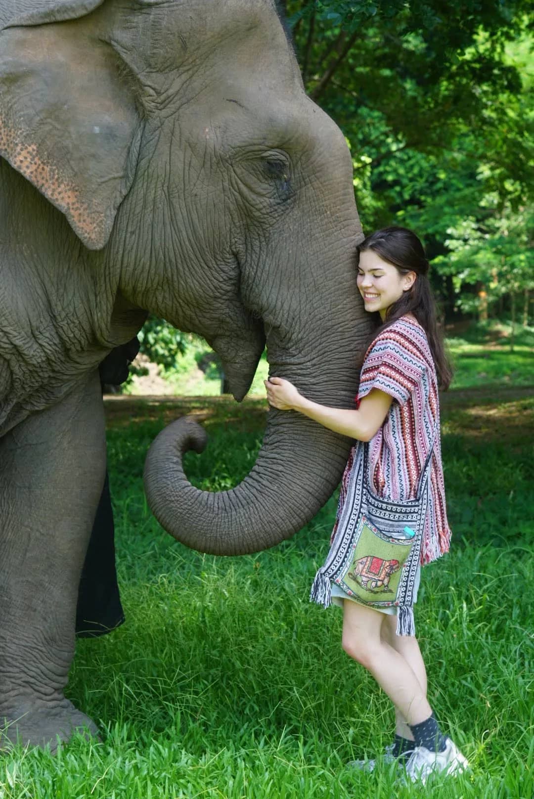 A visitor in a striped woven top leans her head against an elephant's trunk on green grass.