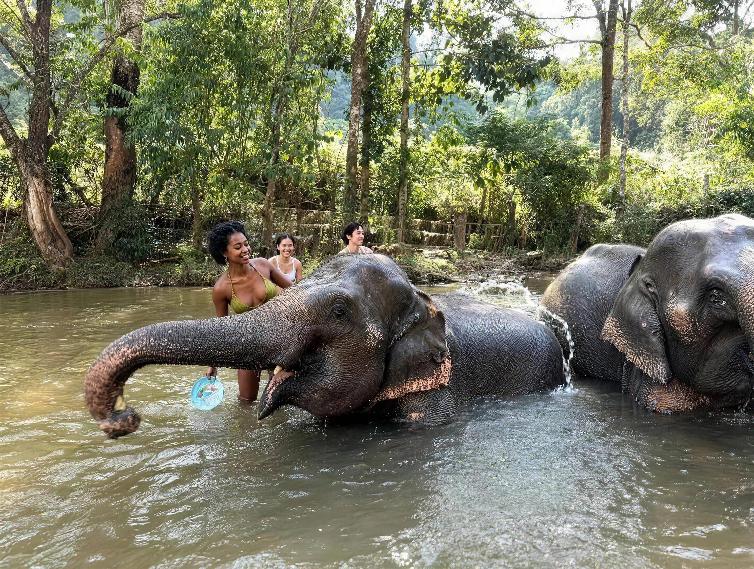 Guests in swimwear splash water over two elephants in a stream lined with trees