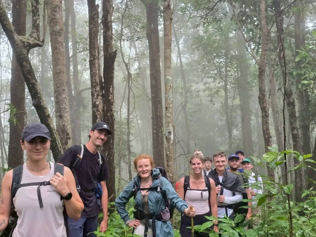 A smiling group of hikers with backpacks stands among tall trees in a misty mountain forest
