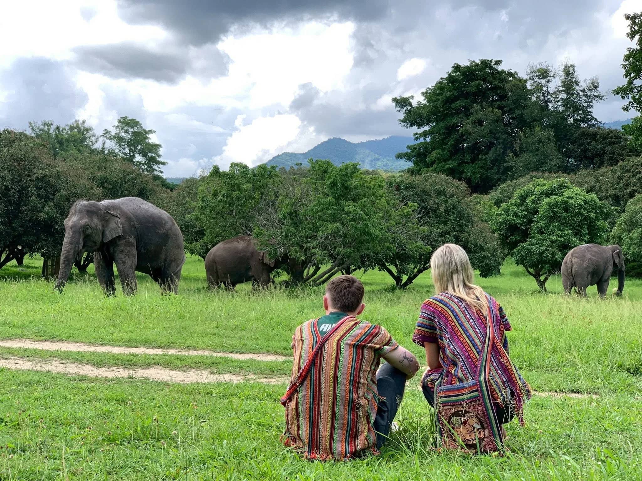 Two guests in woven ponchos sit on the grass watching elephants graze in an open meadow below the hills.
