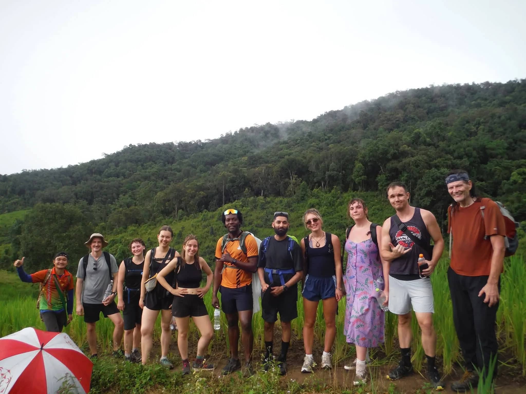 A group of trekkers lines up in front of forested hills at the edge of the rice fields