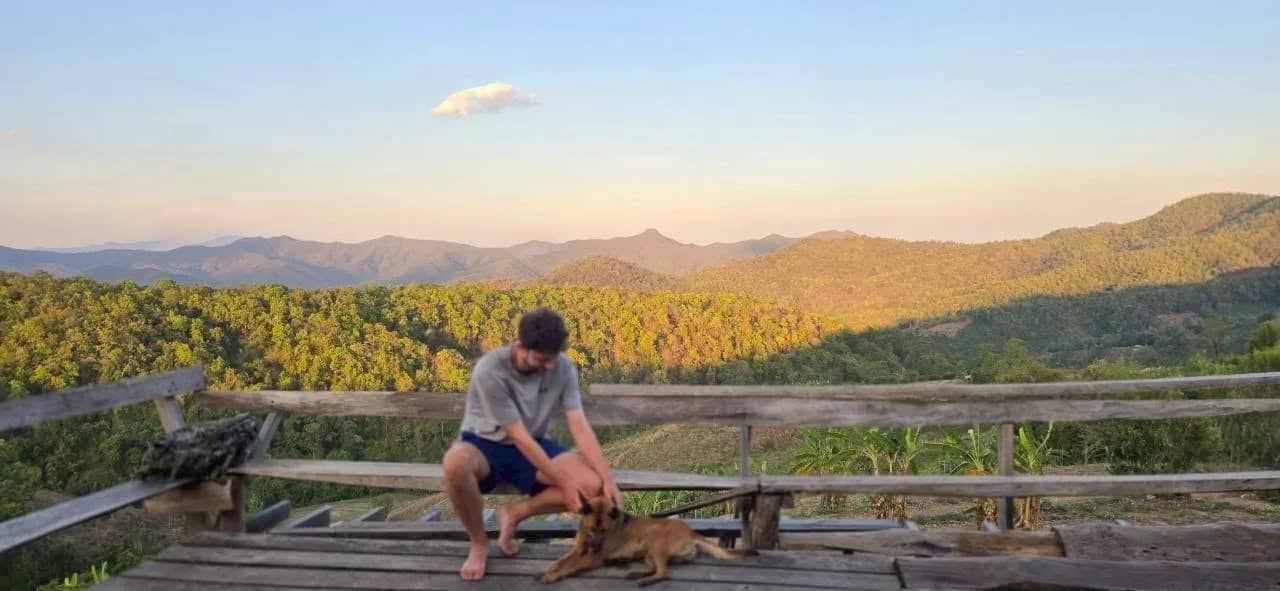 A trekker sits with a dog on a wooden deck overlooking forested hills in the evening light