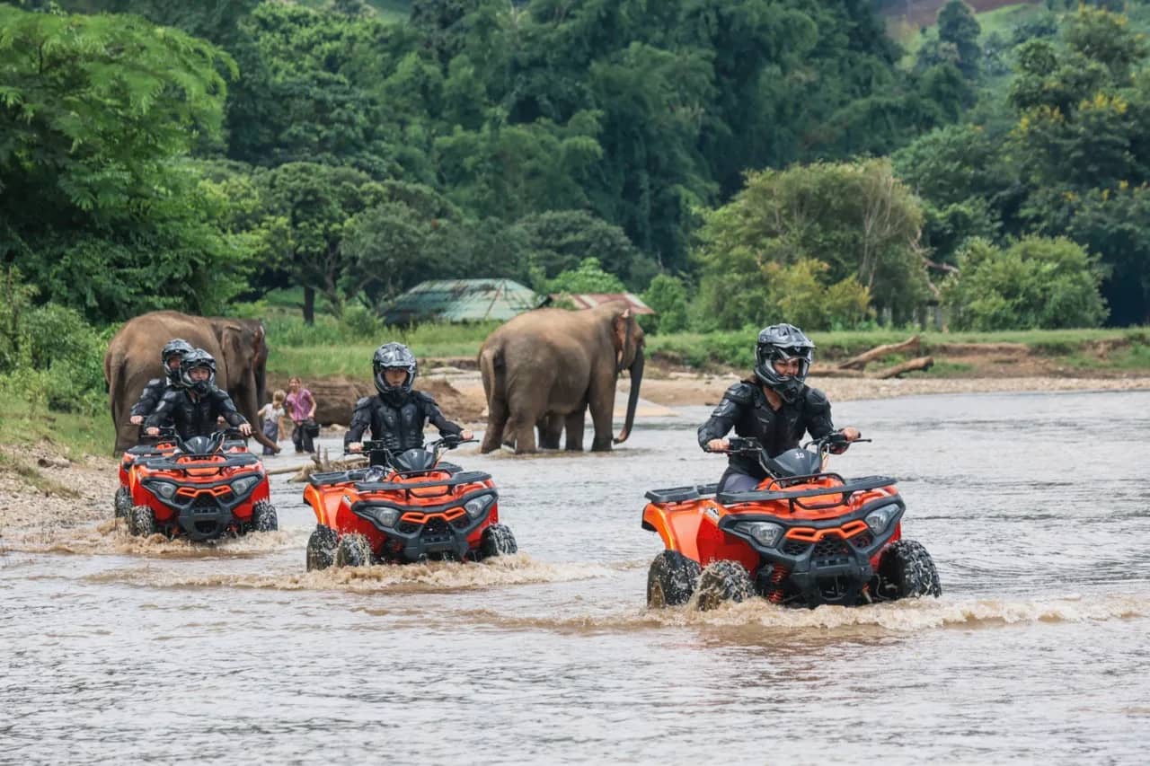 Three riders drive orange ATVs through a shallow river with elephants on the bank behind