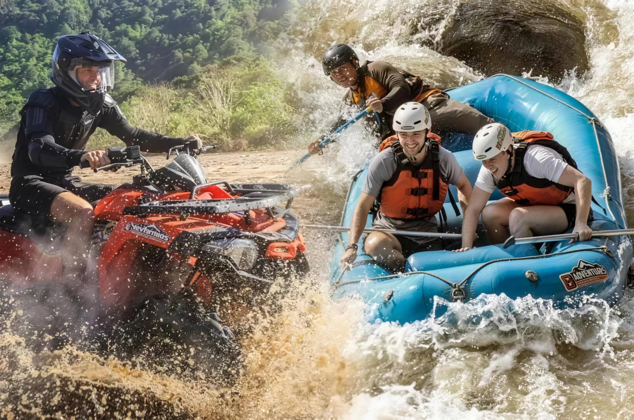 Combined image of a rider splashing through mud on an ATV and rafters in a blue raft
