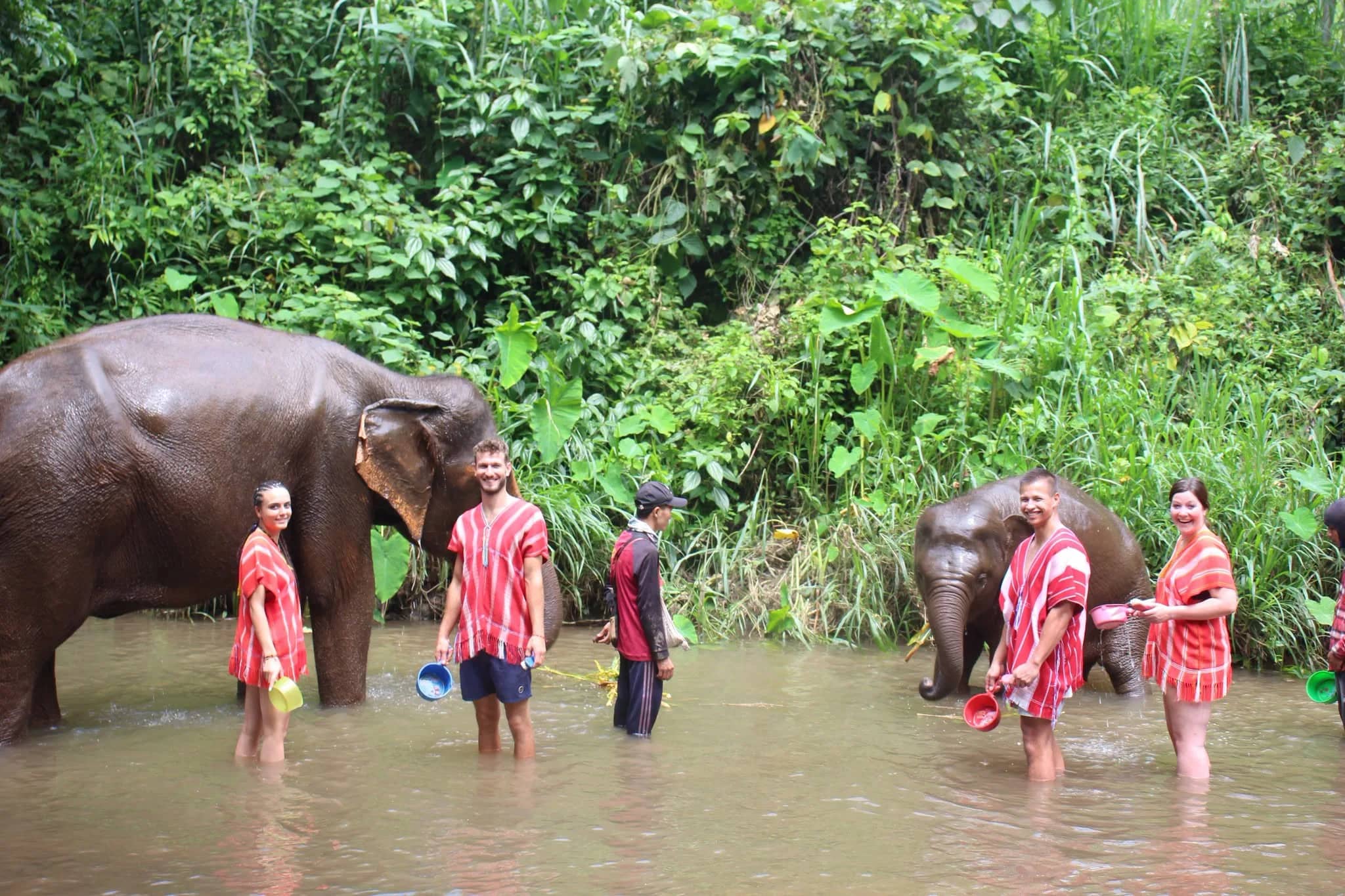 Visitors in red tunics splash water on two elephants in a shallow stream by the jungle