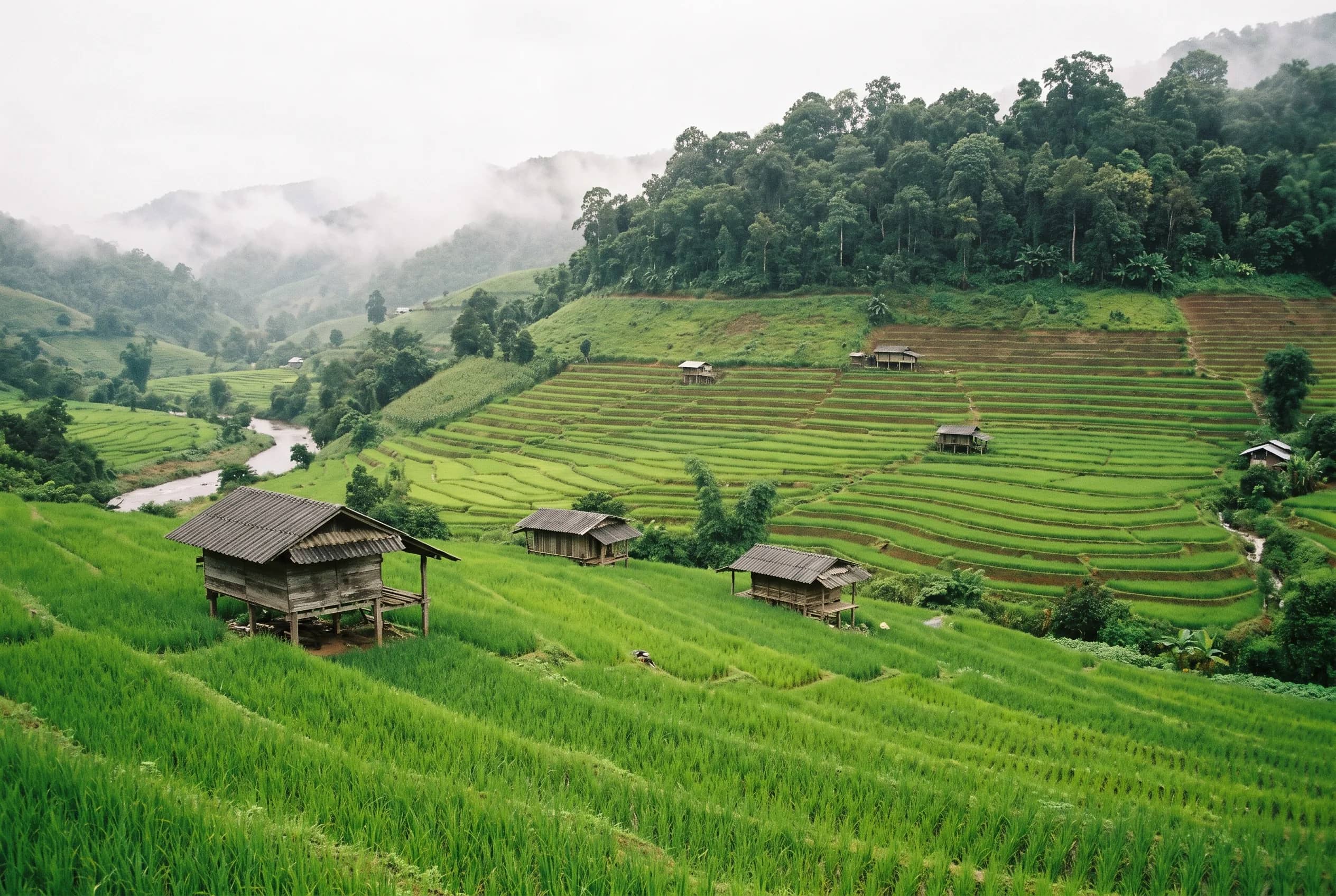 Bright green rice terraces with small wooden farm huts on a misty mountain slope in Northern Thailand