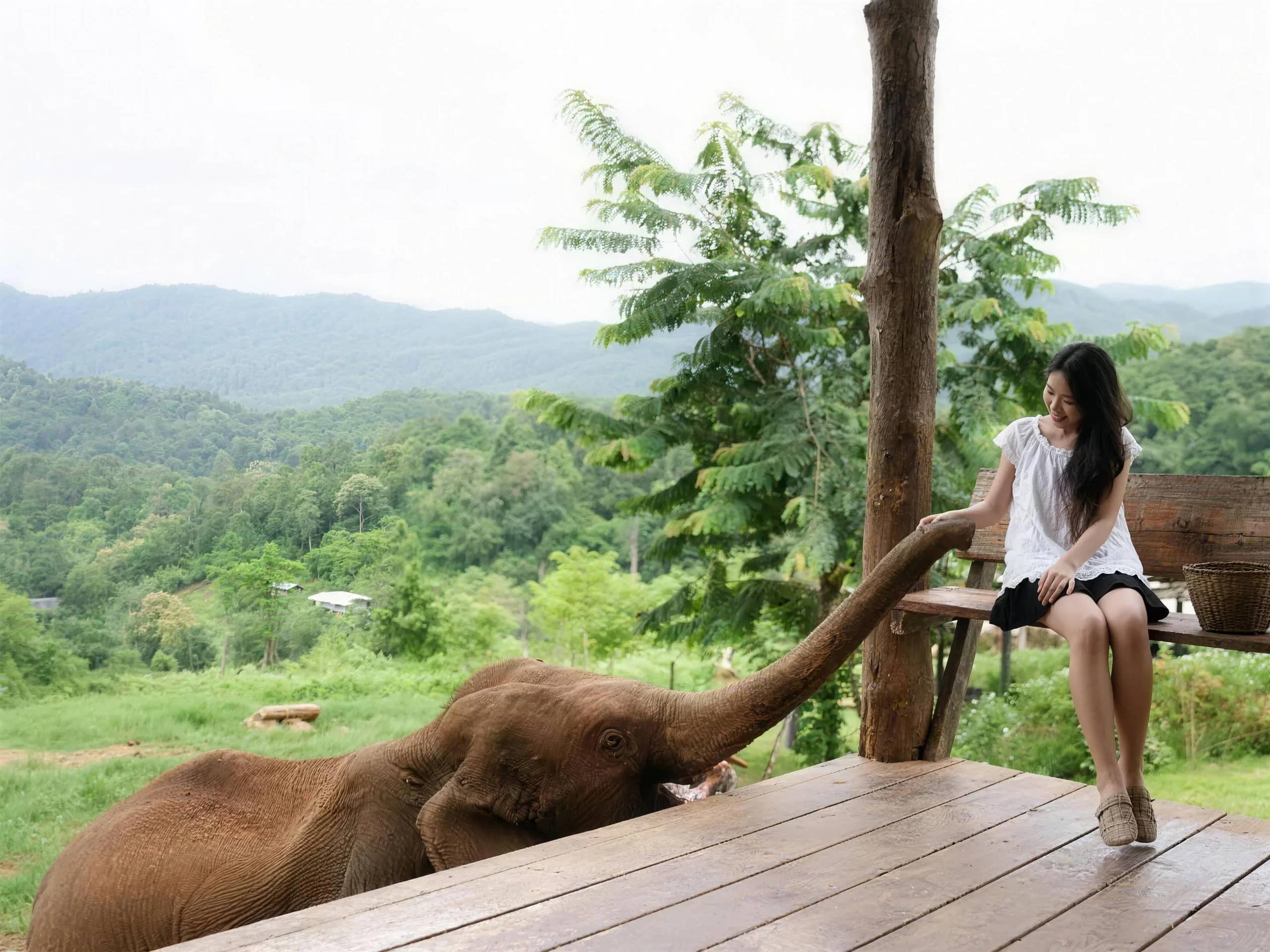 An elephant stretches its trunk toward a visitor sitting on a wooden deck with hill views at Elefin Farm