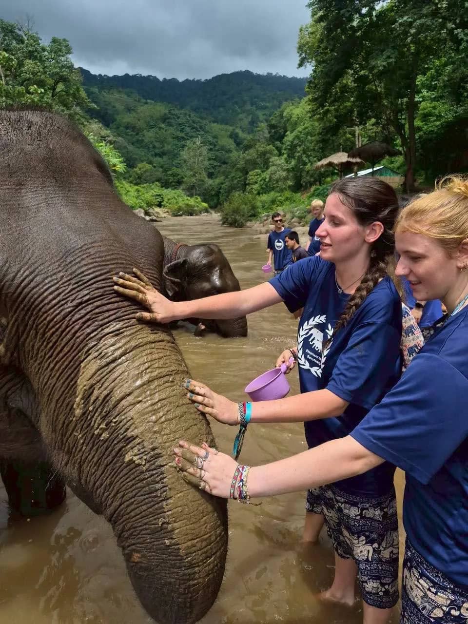 Two visitors rub mud onto an elephant's skin while standing in a shallow river in the hills.