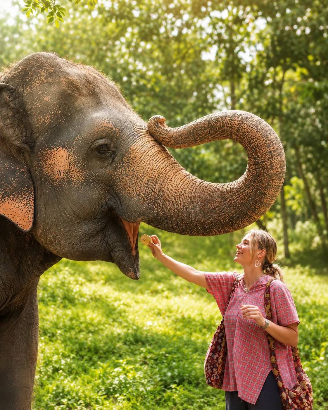 An elephant curls its trunk while a smiling visitor reaches out to touch its mouth