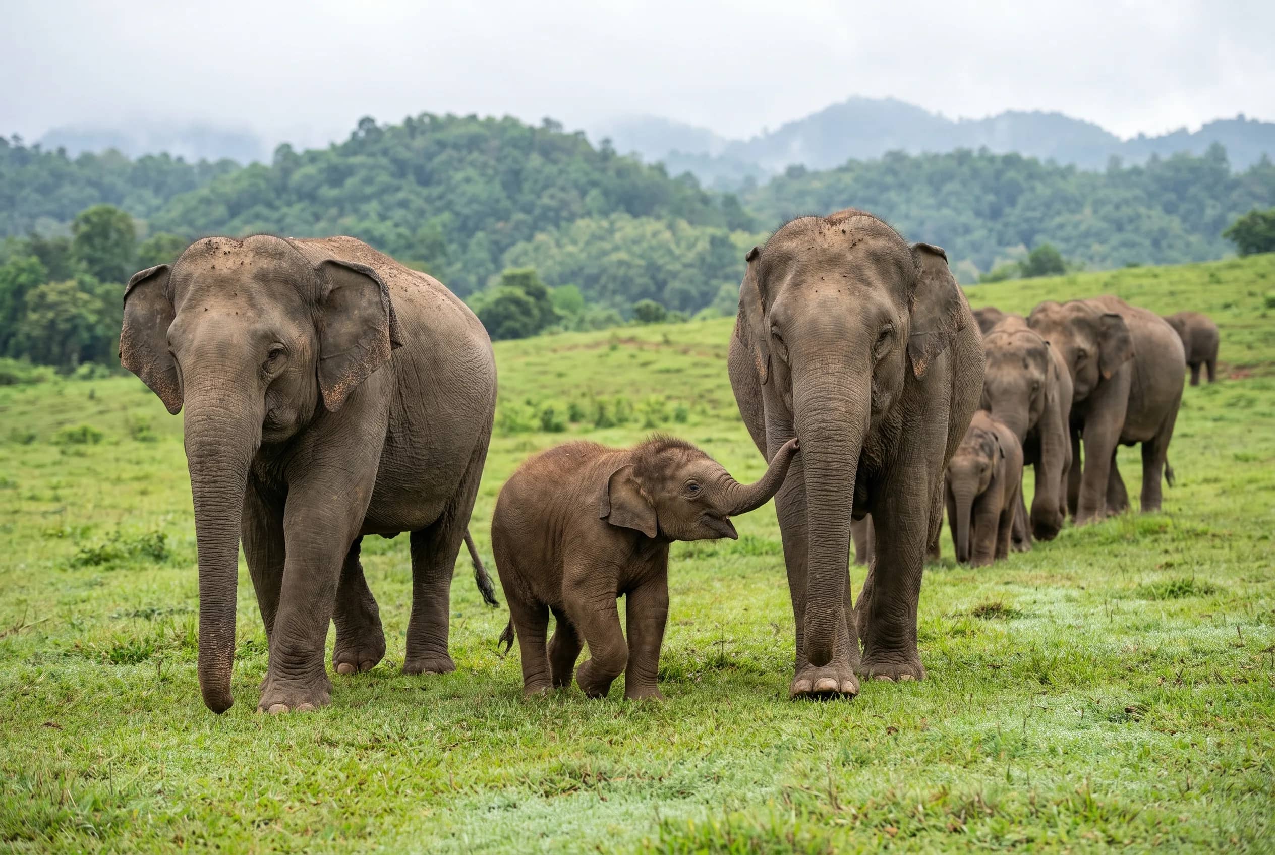 A family of elephants with a baby walks across a green field below forested mountains