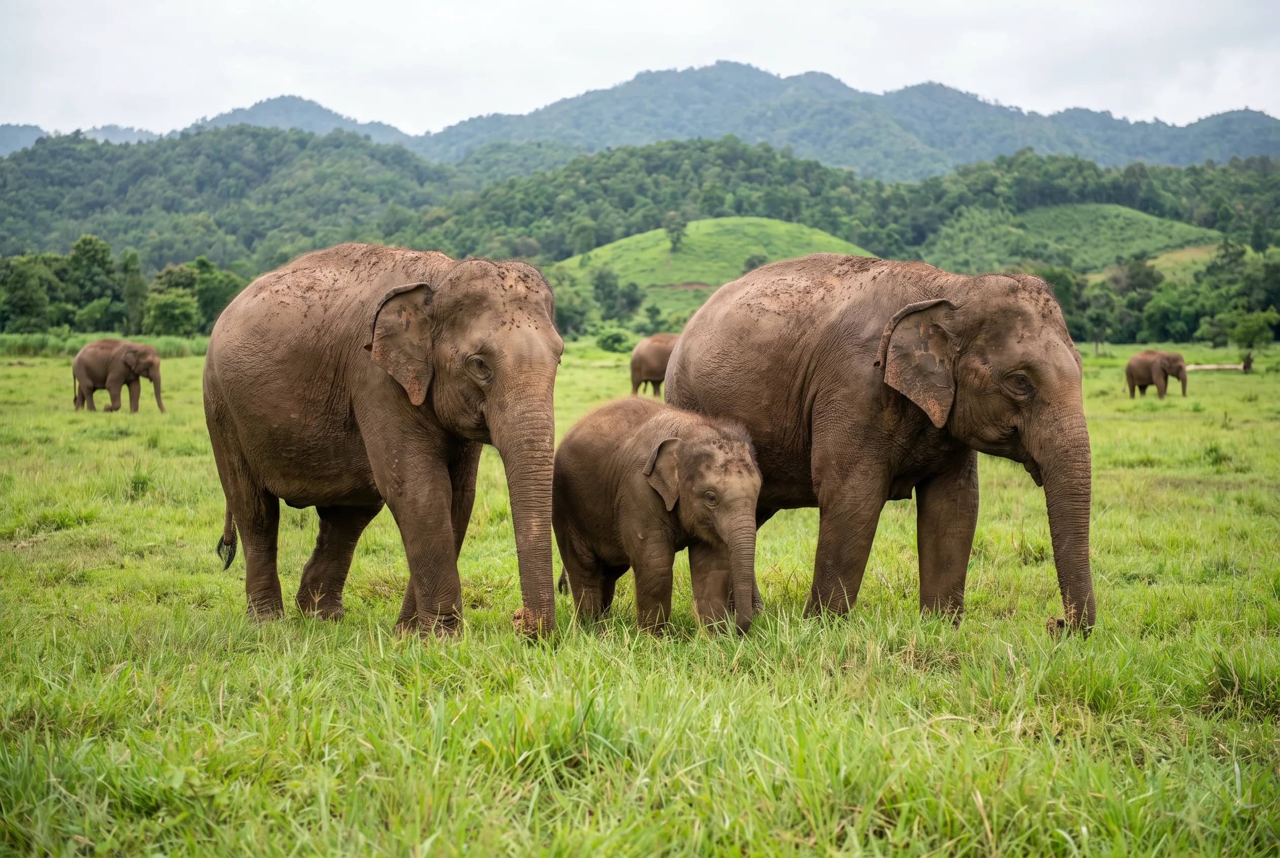 A small elephant herd with a calf grazes together on a wide grassy field in Northern Thailand