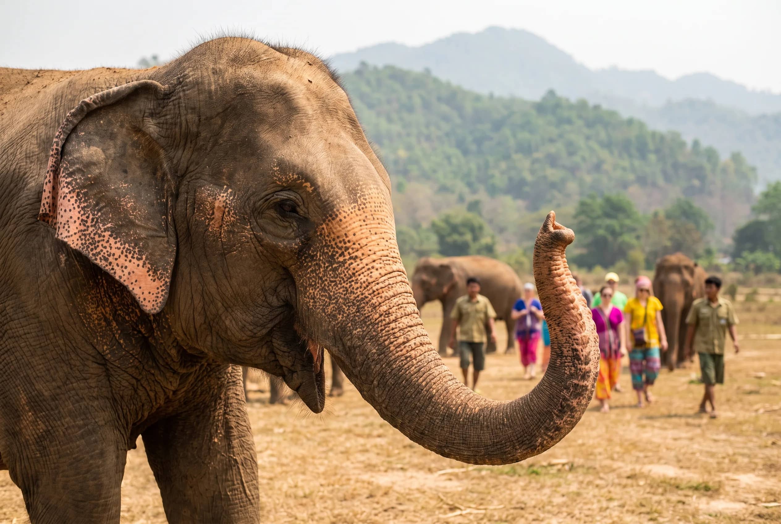 An elephant with pink-freckled ears raises its trunk while visitors walk with elephants behind