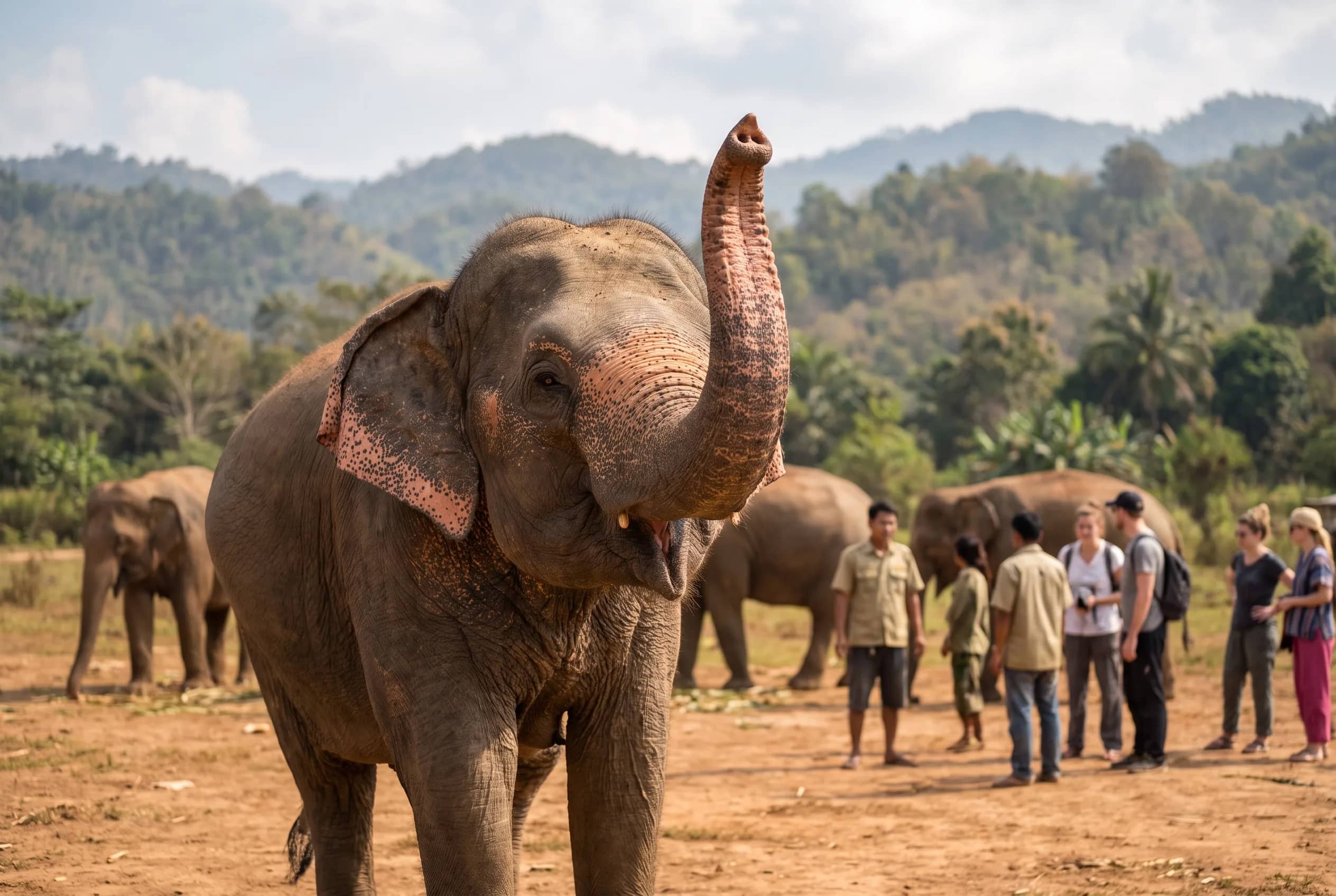 An elephant lifts its trunk in front of a group of visitors and guides on a dusty field