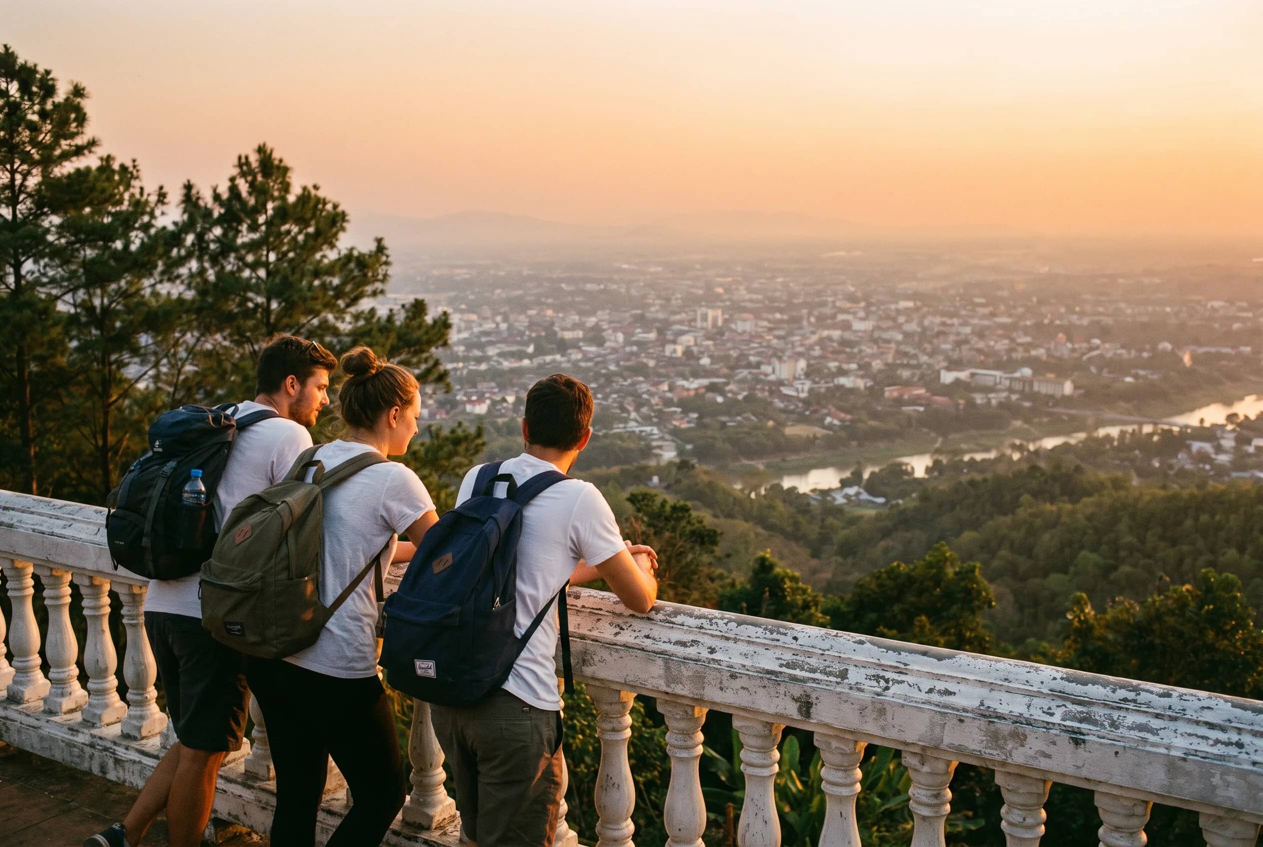 Three travellers lean on a white balustrade at a mountain viewpoint over Chiang Mai at sunset