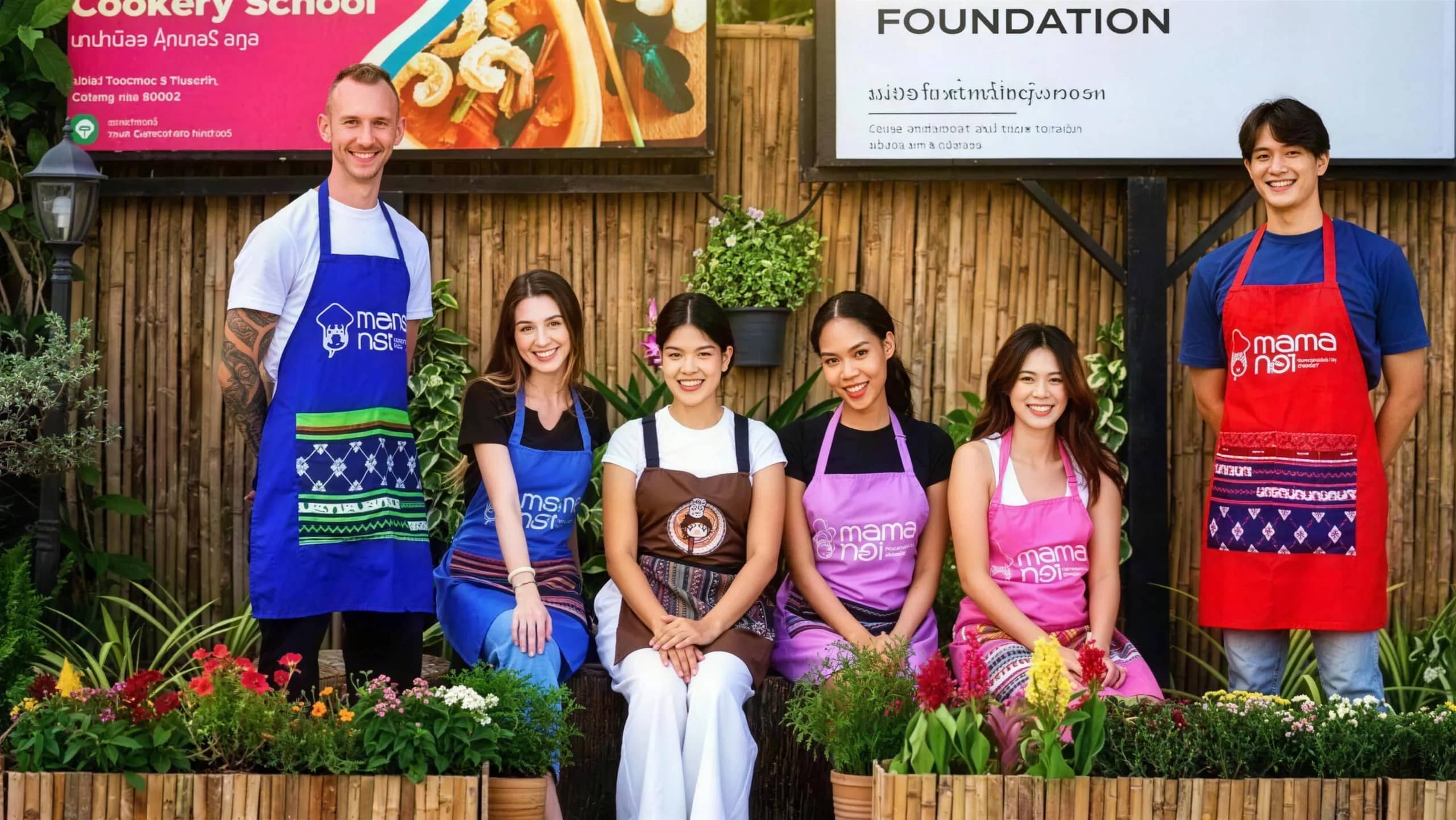 Cooking class guests and chefs in colourful aprons pose in front of the Mama Noi Cookery School sign