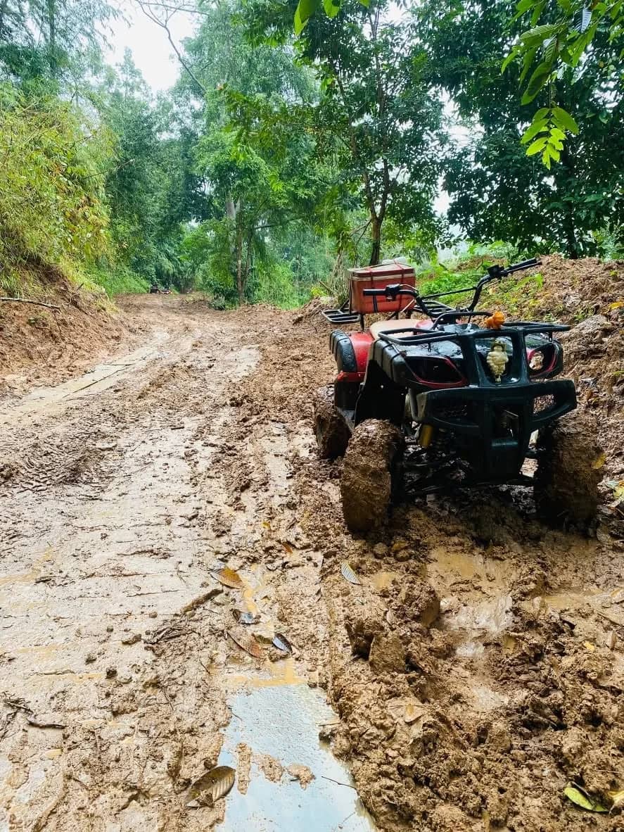 A quad bike sits on a deep muddy dirt track through green forest