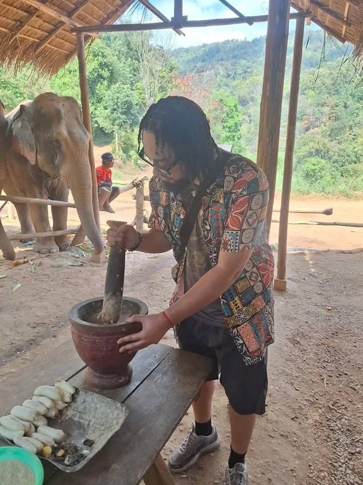 A visitor pounds herbs and bananas in a stone mortar under a shelter as an elephant waits nearby