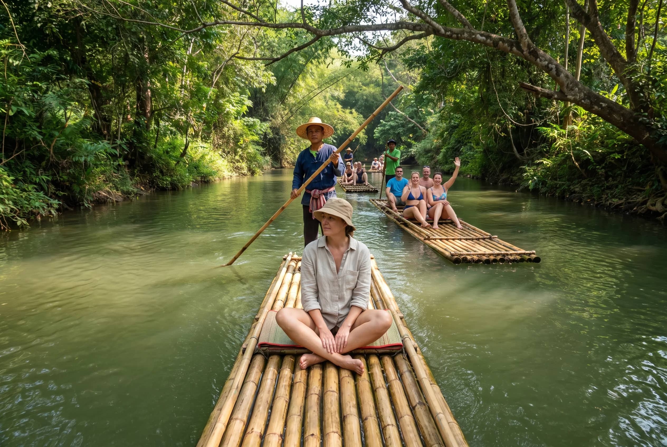 A guest sits cross-legged at the front of a bamboo raft as a guide poles it down a green river