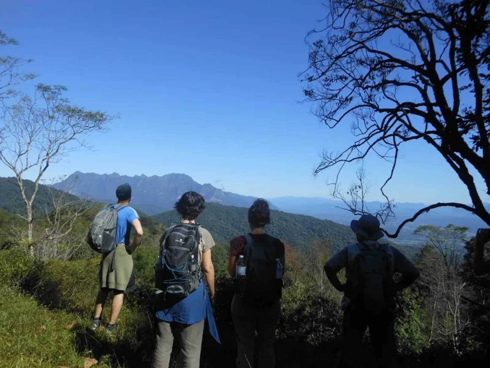 Four trekkers with backpacks look out over distant mountain peaks under a clear blue sky