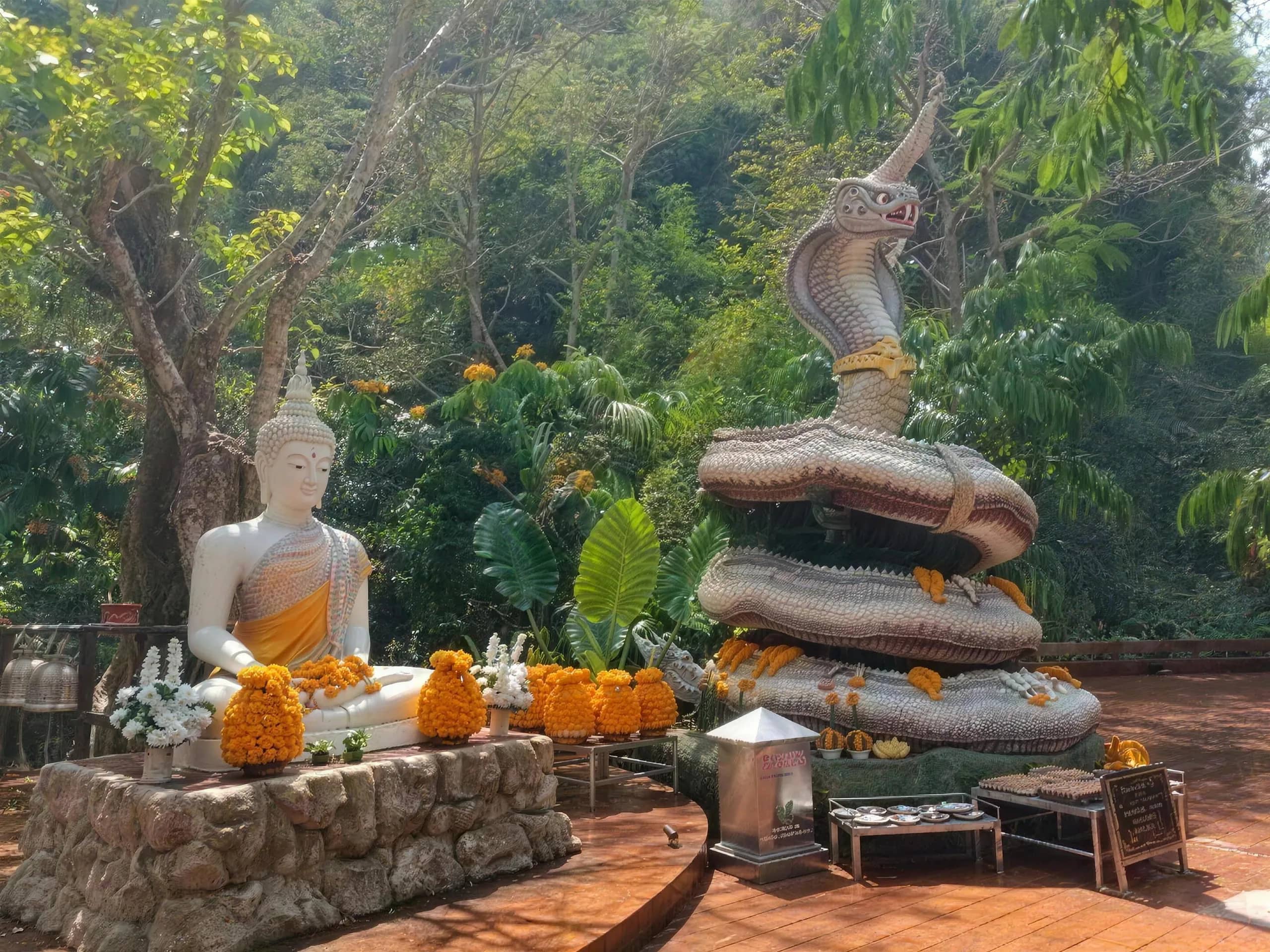 A white Buddha statue and a coiled naga serpent sculpture with orange marigold offerings in the forest