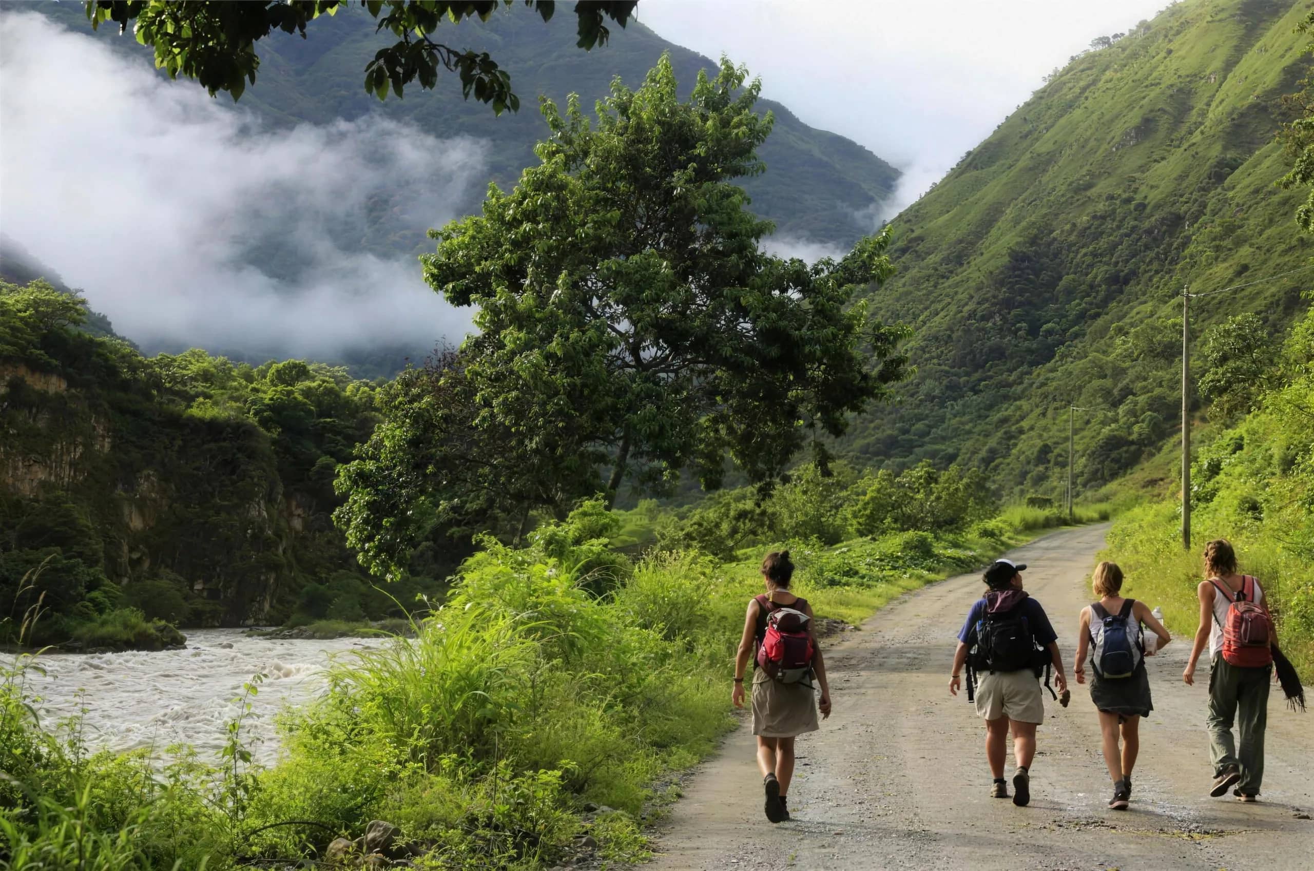 Hikers with backpacks walk a dirt road through a green mountain valley near Chiang Dao