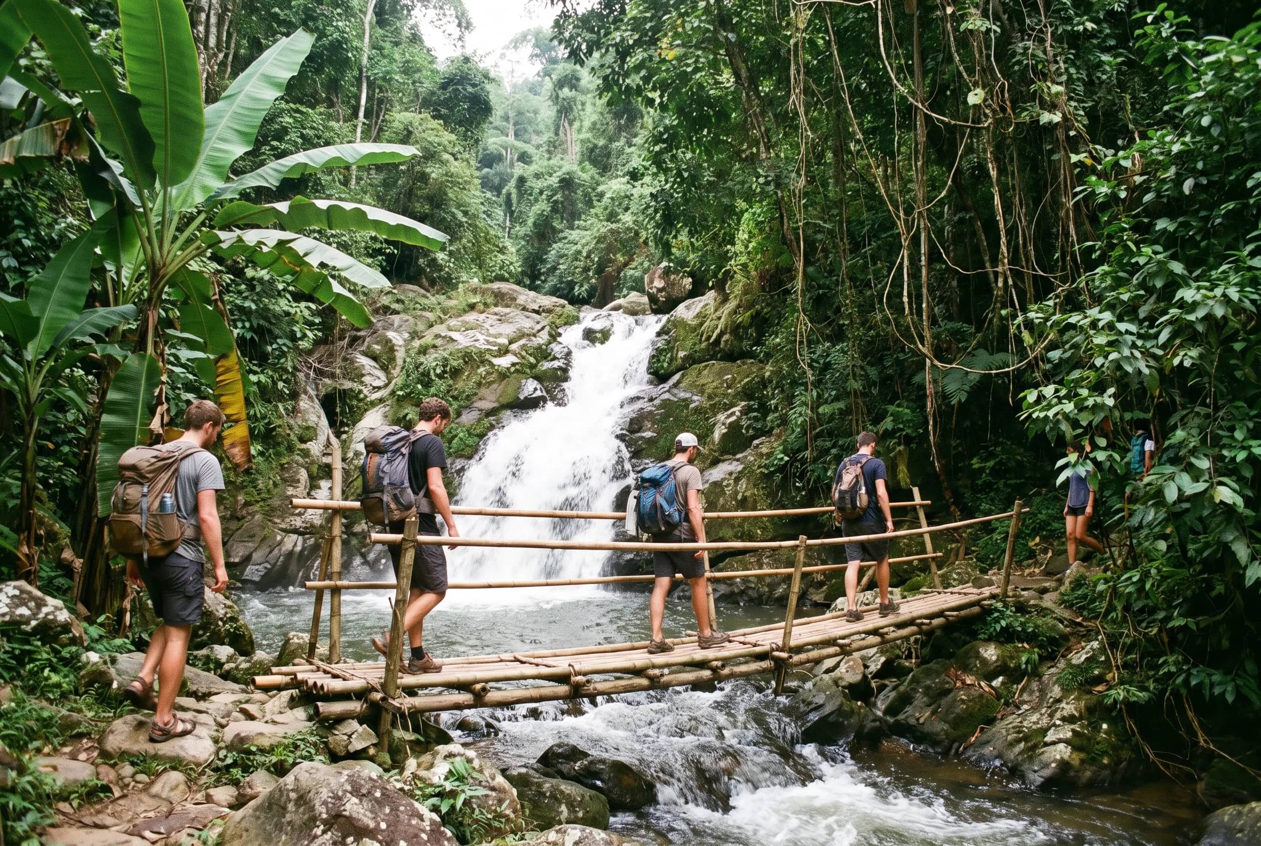 Trekkers with backpacks cross a bamboo bridge over a rocky jungle stream beside a waterfall