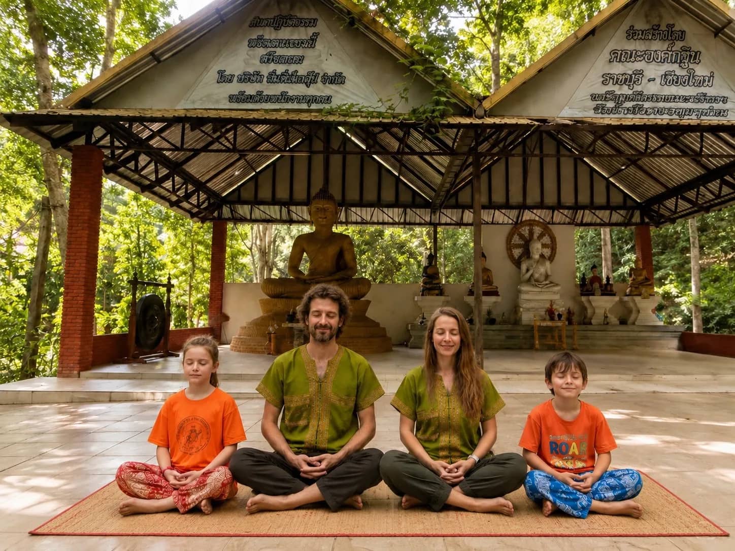 A family sits cross-legged in meditation on a mat in front of a Buddha statue in an open hall.
