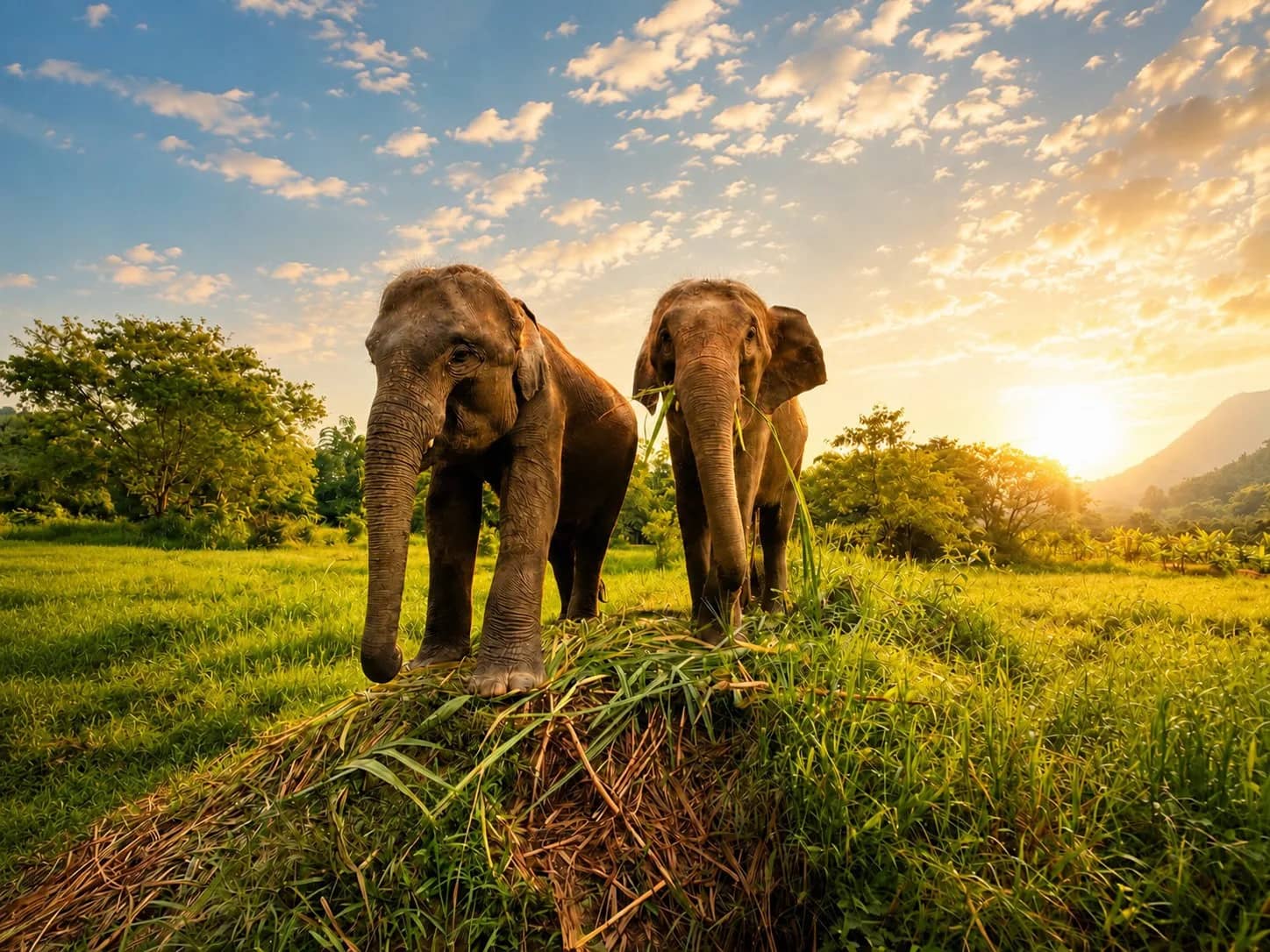 Two young elephants stand on a grassy mound in a green meadow as the sun sets behind hills.