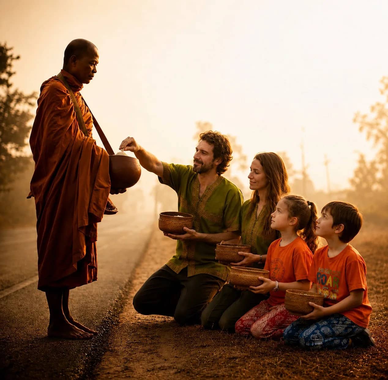 A kneeling family places food into a monk's alms bowl on a quiet road in warm morning light.