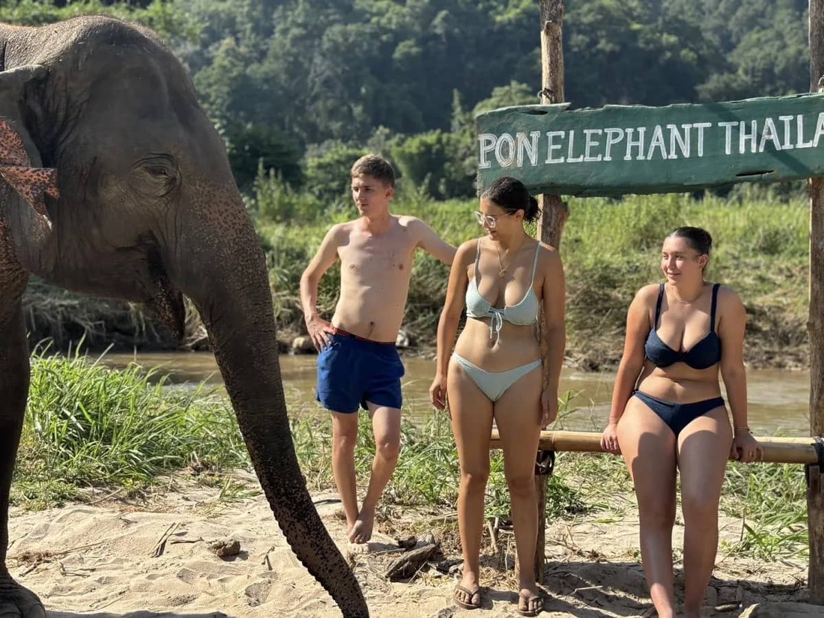 Visitors in swimwear stand next to an elephant beside the Pon Elephant Thailand sign