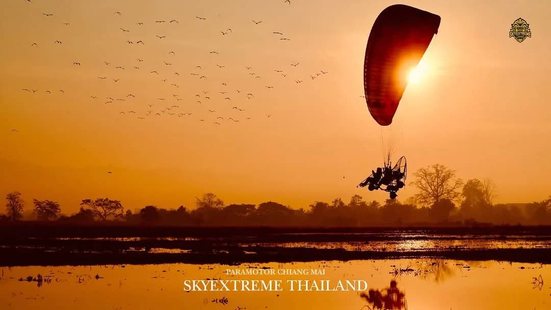 A paramotor glides past the setting sun above flooded fields with birds in the orange sky