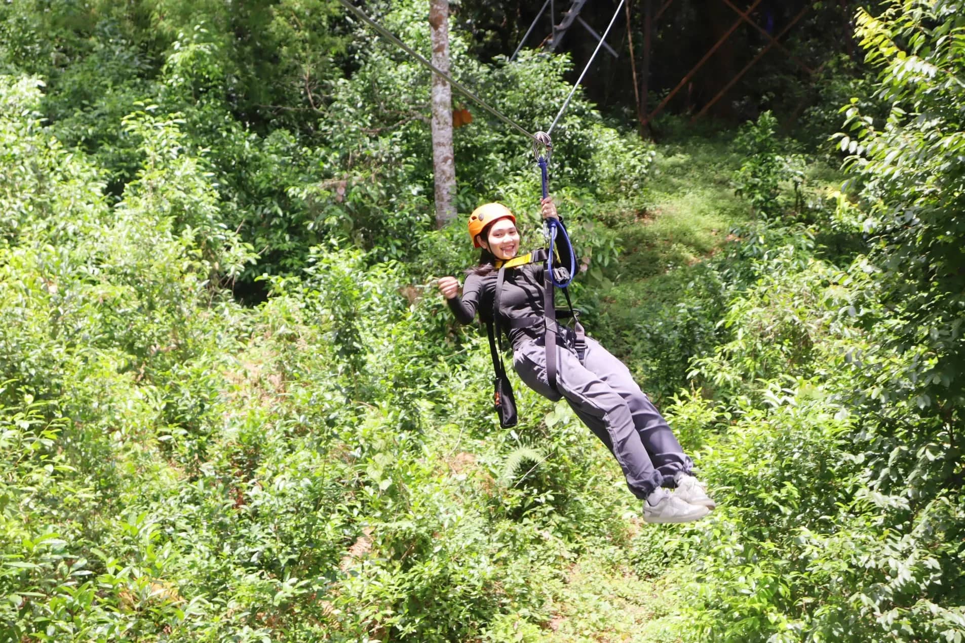 A rider in a helmet and harness swings down a zipline over green jungle slopes
