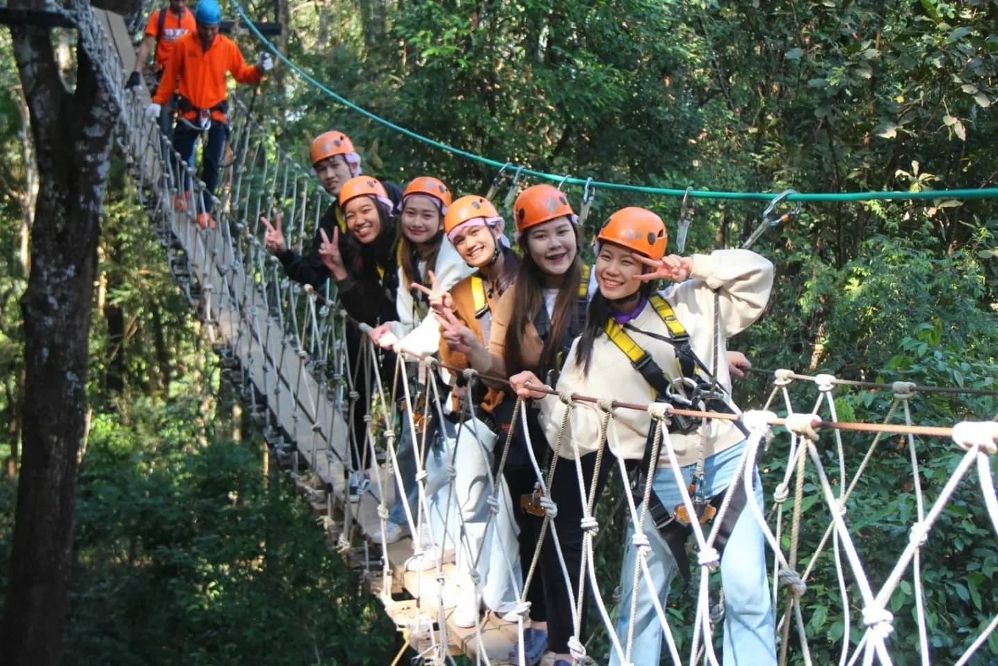 A group in orange helmets smiles from a rope suspension bridge in the forest at Skyline Jungle Luge