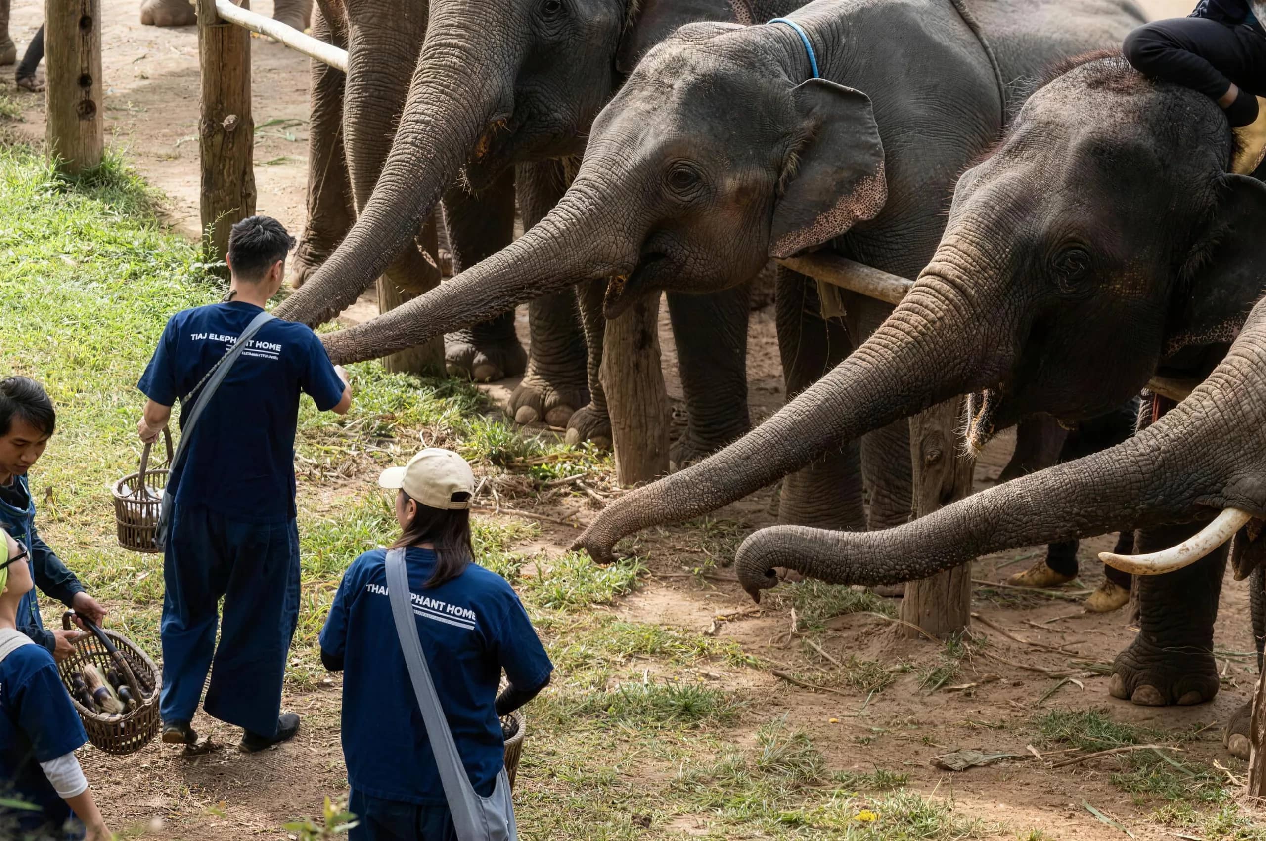 A row of elephants stretch their trunks toward visitors in blue uniforms carrying food baskets