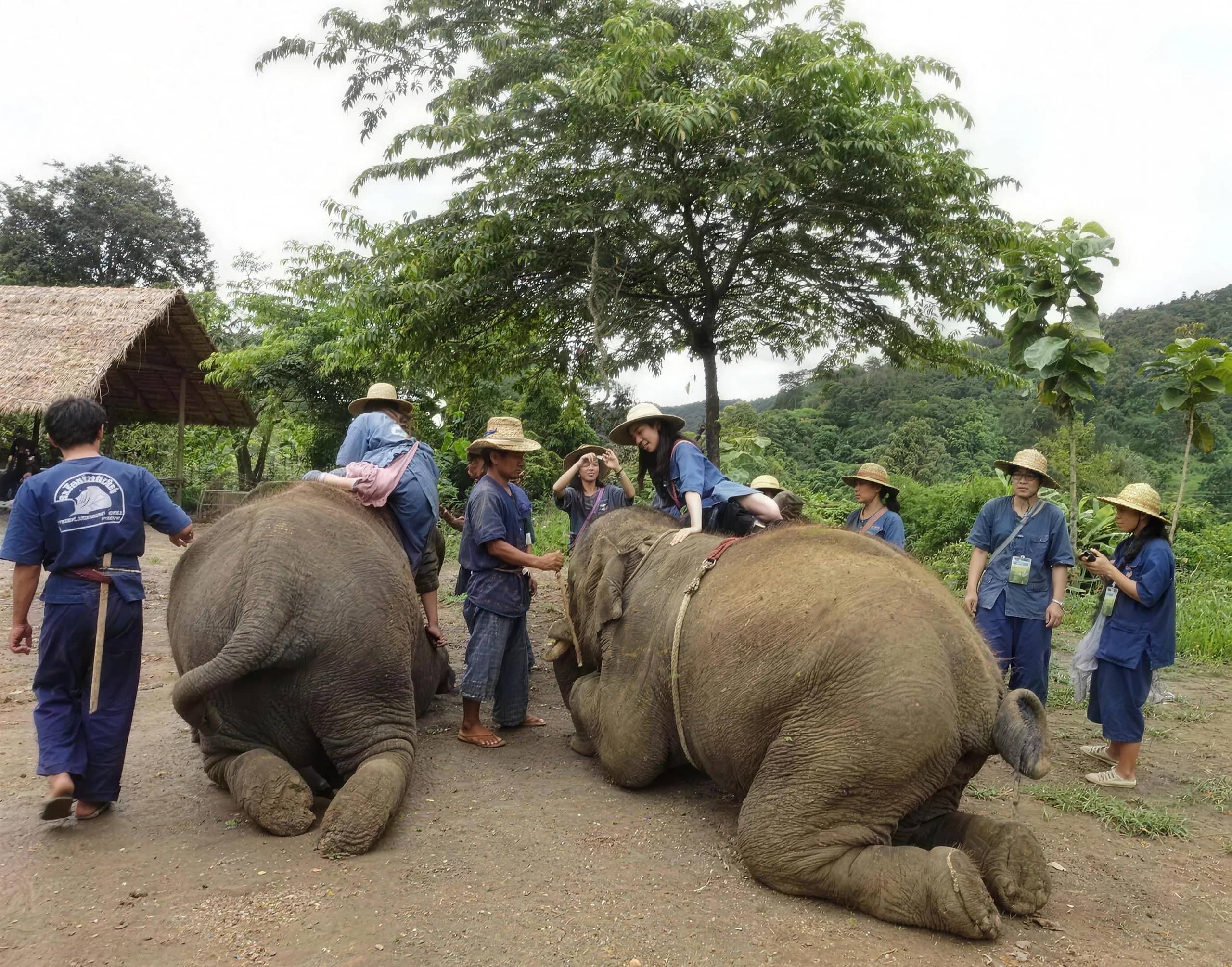 Two elephants kneel on the ground surrounded by mahouts and visitors in blue uniforms and straw hats